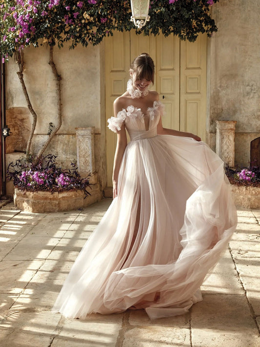 A-Line Gathered Crossover Ruched Off The Shoulder Bodice With 3D Bloom Motifs