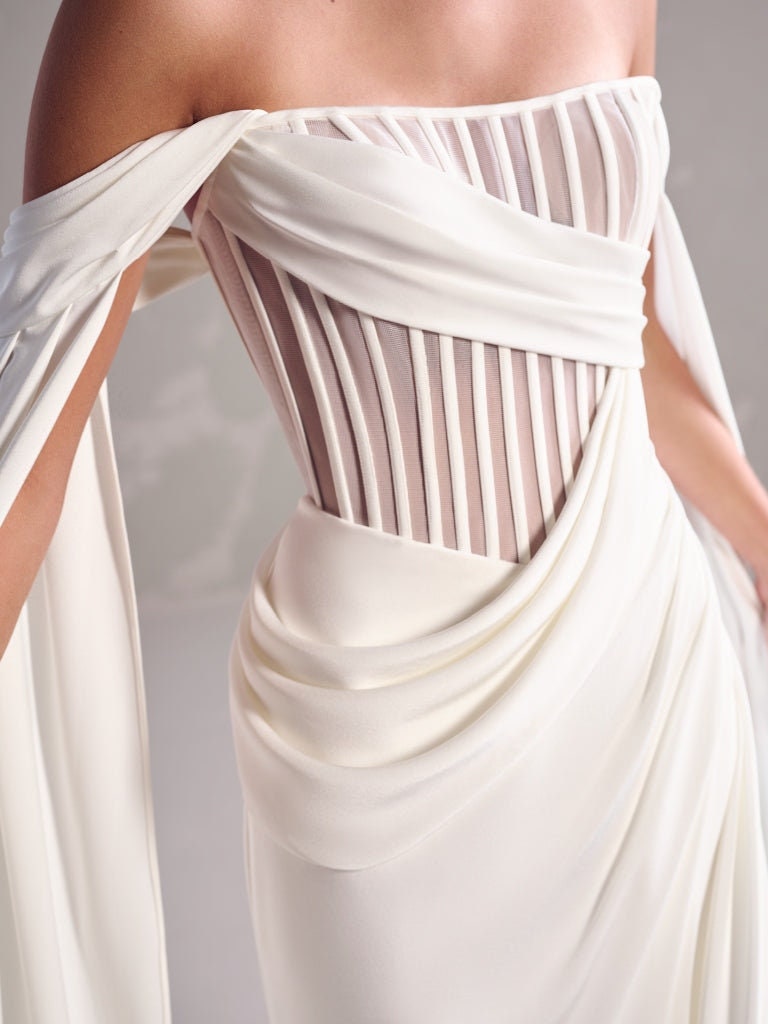 Pleated Corset Criss Cross Split Hem Strapless Trumpet Gown With Detachable Floor Length Trailing Sleeves