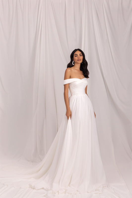Beautiful Pleated Floral Sequin Appliqué Side Detailed Crossed Off The Shoulder Bodice A-Line Gown