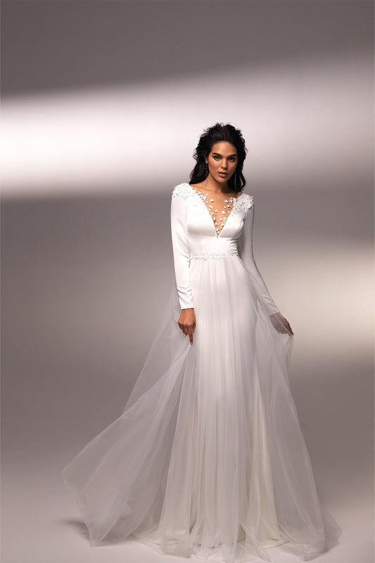 Sophisticated Long Sleeve Floral Waistline And Illusion Deep V Neck Sheath Gown With Flowing Tulle Overlay