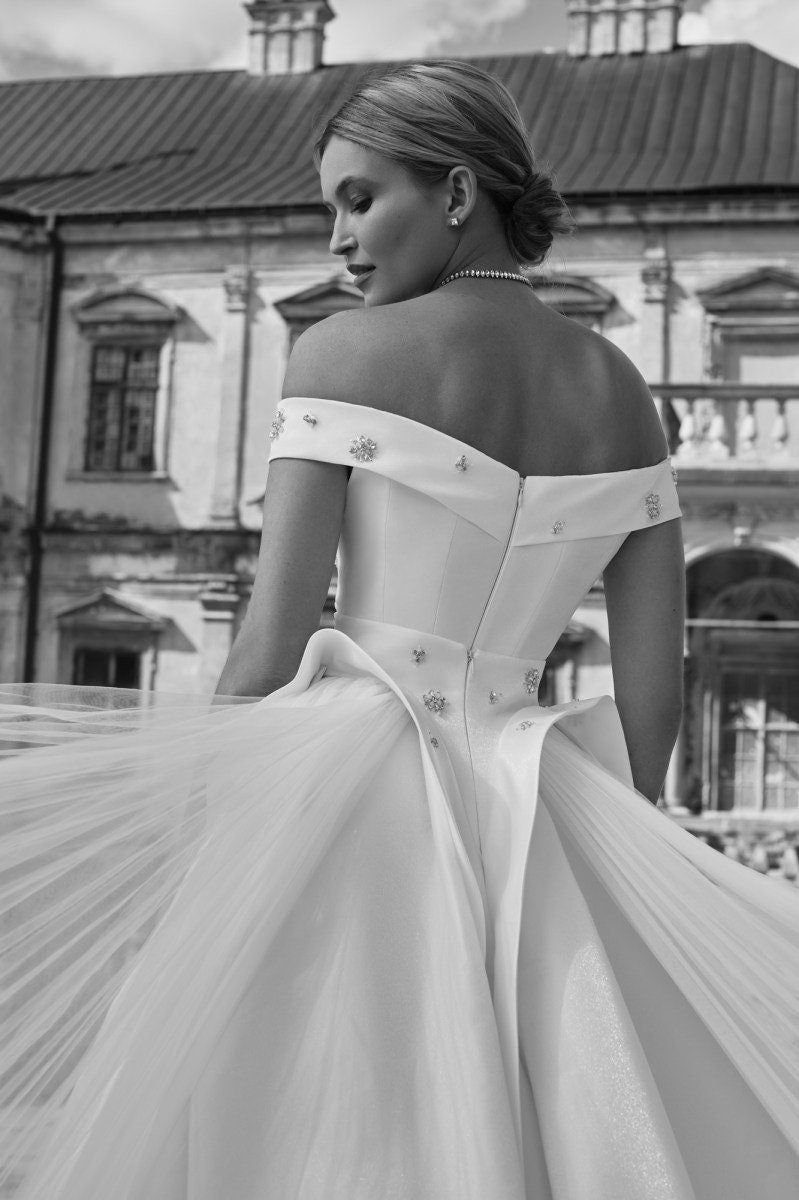 Embellished Off The Shoulder Pleated Criss Cross Bodice A-Line Gown With Detachable Modern Train