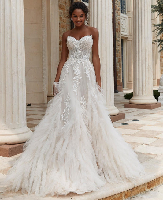 Breathtaking Pleated Sweetheart Sequin Floral Vine Lace Strapless Gown With Vertical Frill Detail And Detachable Sleeve Straps
