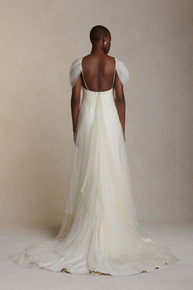 Soft Pleated Tulle Draped Off The Shoulder With Spaghetti Strap Floor Length Open Back Gown With Low Center Zip Enclosure