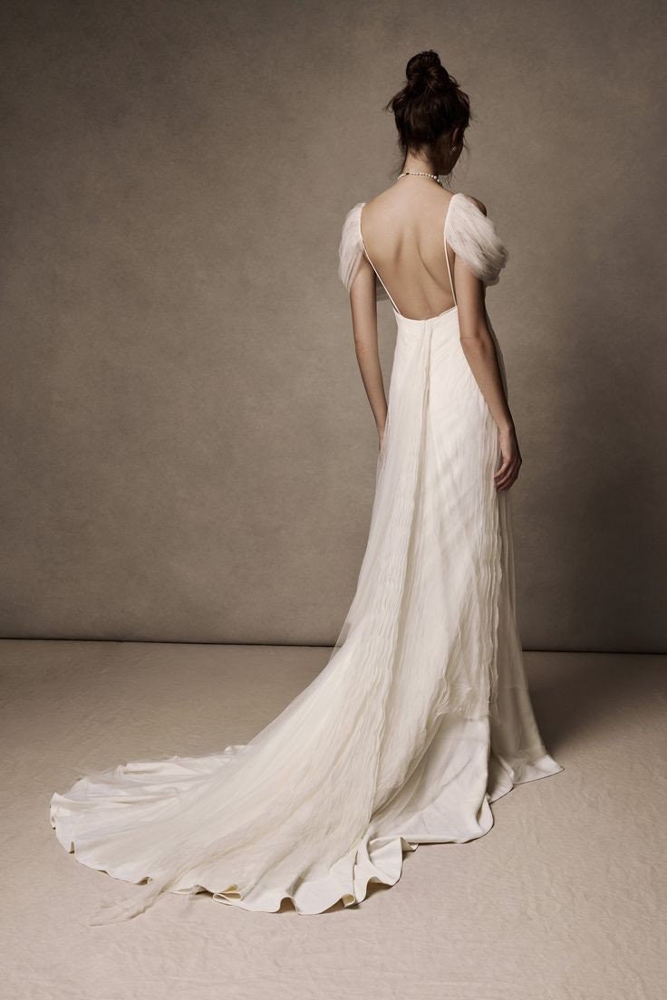 Soft Pleated Tulle Draped Off The Shoulder With Spaghetti Strap Floor Length Open Back Gown With Low Center Zip Enclosure