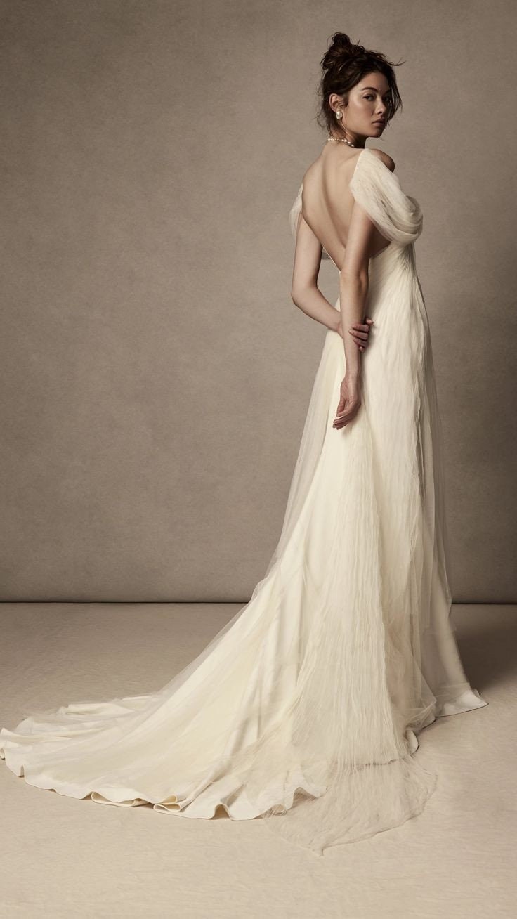 Soft Pleated Tulle Draped Off The Shoulder With Spaghetti Strap Floor Length Open Back Gown With Low Center Zip Enclosure