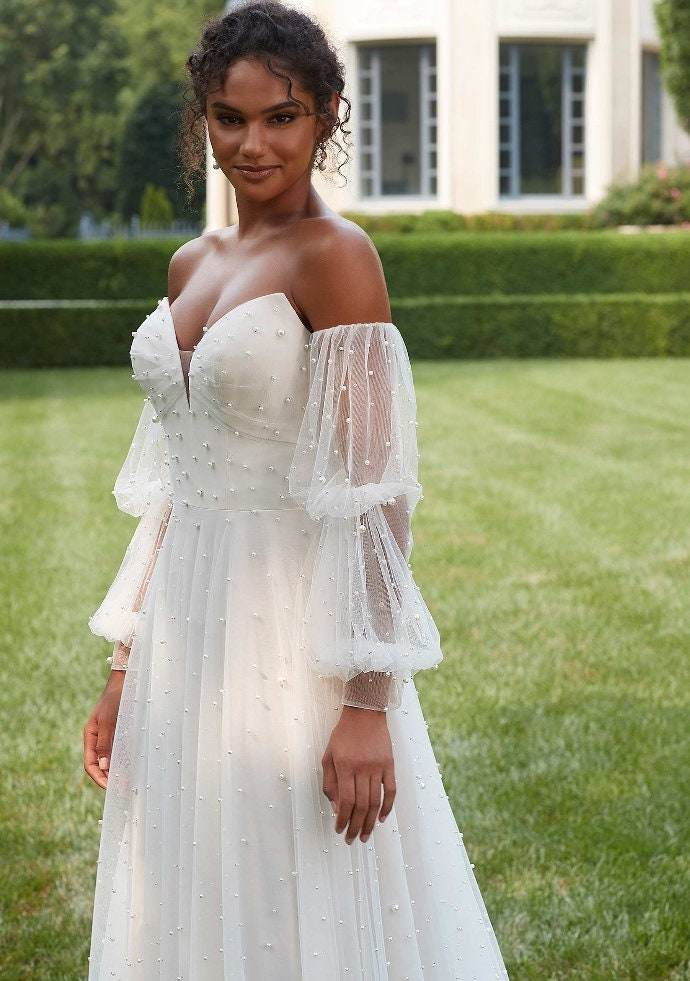 Dropped Sweetheart Strapless Pleated Natural Waistline Pearl Beaded A-Line Gown With Detached Pearl Beaded Sleeves