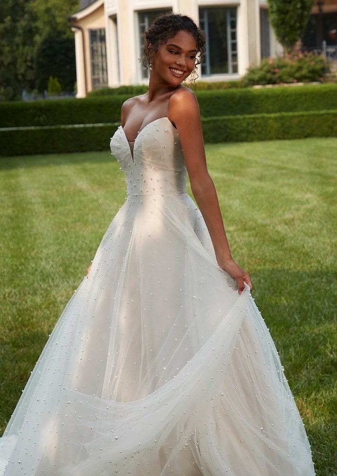 Dropped Sweetheart Strapless Pleated Natural Waistline Pearl Beaded A-Line Gown With Detached Pearl Beaded Sleeves