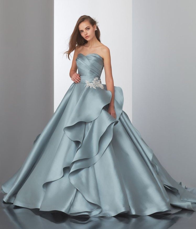 Sweetheart Strapless Pleated Bodice With Floral Appliqué Hip Detail With Layered Scalloped A-Line Skirt Quinceañera Special Occasion Gown