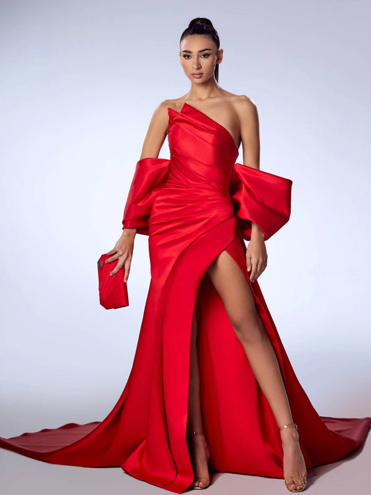 Mikado Irregular Cut Pleated Neckline Split Hem Trumpet Special Occasion Event Gown With Back Bow Detail