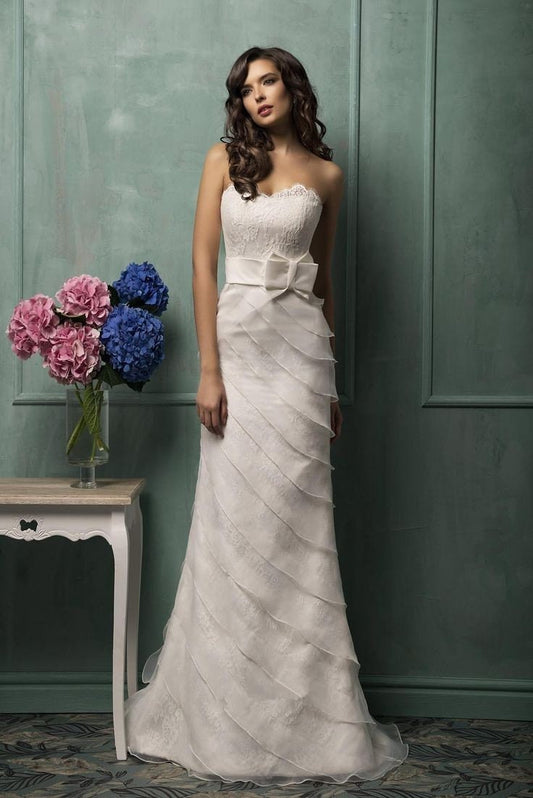 Classic Sweetheart Lace Strapless Sheath Dress With Layered And Draped Tulle Overlay And  Bow Knot Detail Waistline