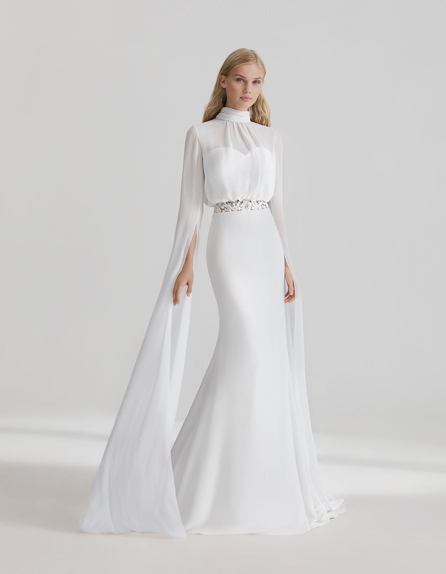 Crepe Chiffon Minimalist High Neck Sweetheart Split Floor Length Sleeve Floral Beaded Lace Waistline Mermaid Gown