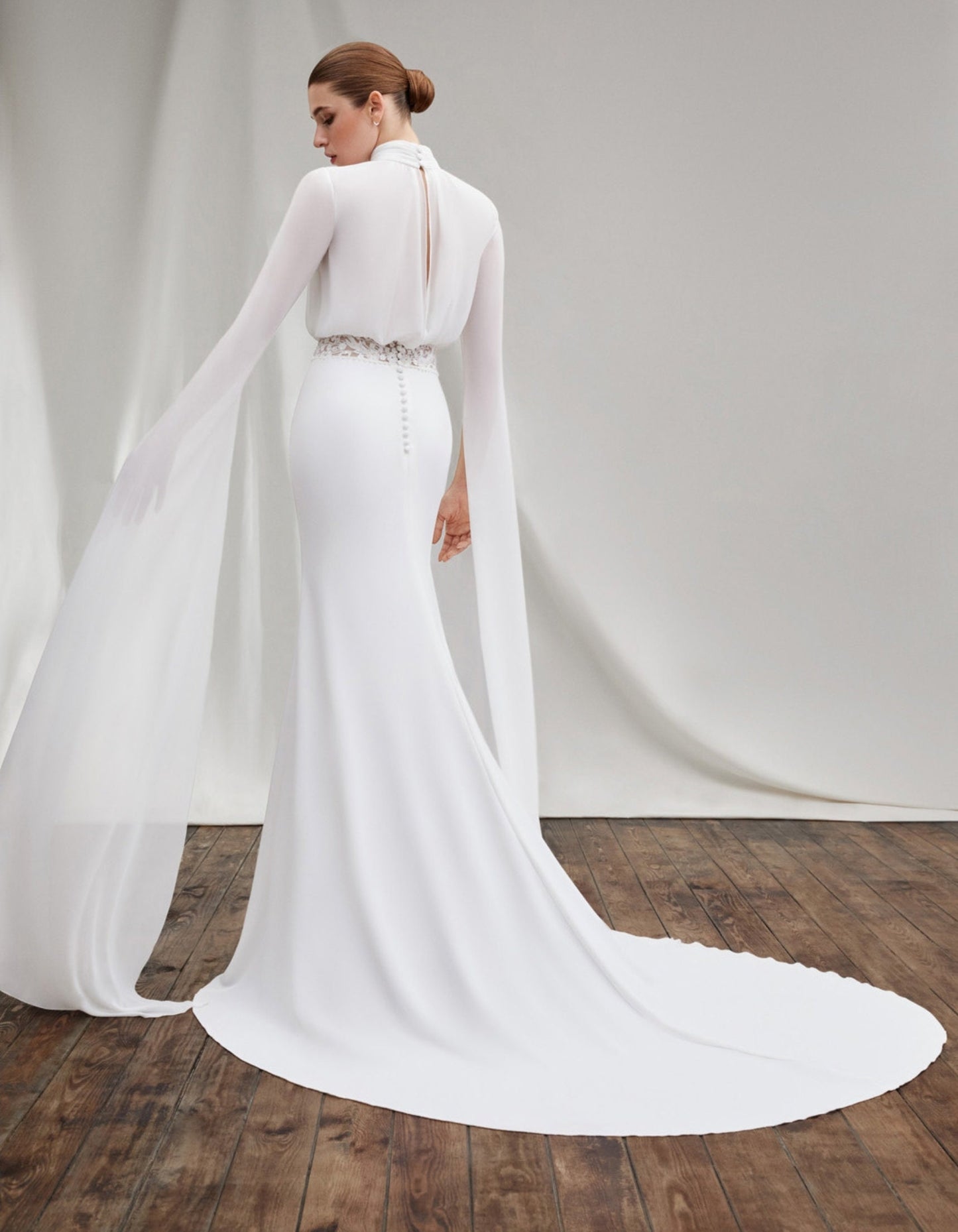 Crepe Chiffon Minimalist High Neck Sweetheart Split Floor Length Sleeve Floral Beaded Lace Waistline Mermaid Gown