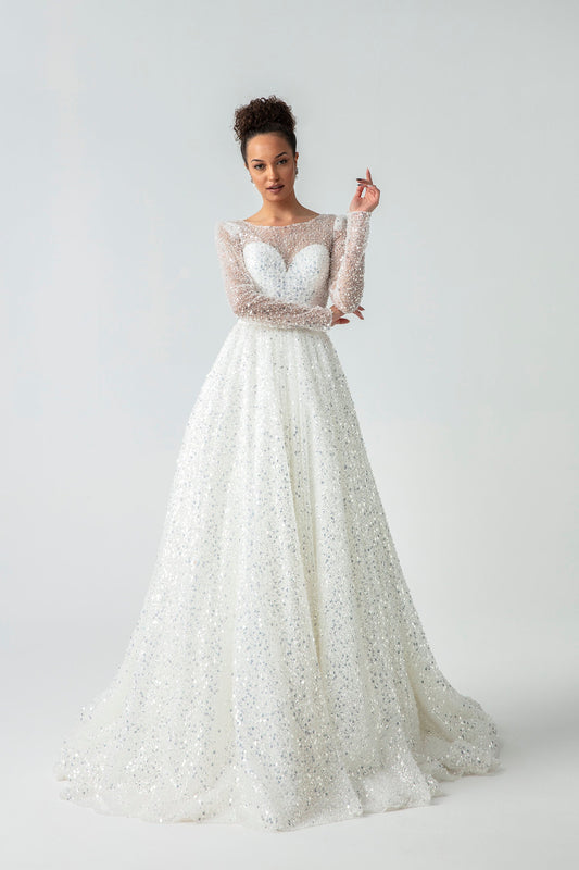 Sparkling Sheer Long Sleeve Sequin Covered Sweetheart A-Line Gown With Open V Back, Bow Knot Sash And Lace Up Enclosure