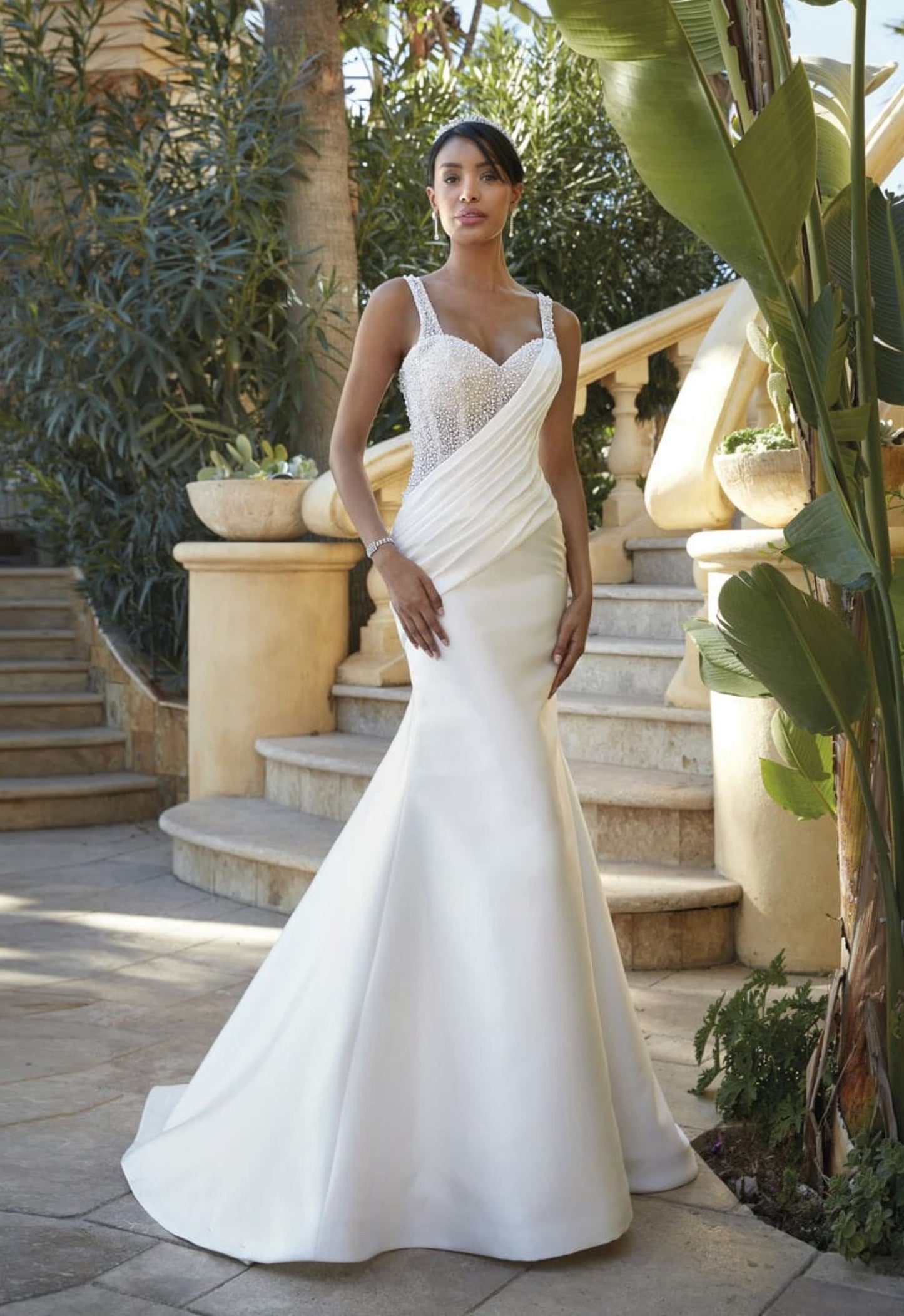 Full Pearl Beaded Sleeveless Corset Style Bodice With Pleated Cross Satchel Waist A-Line Gown And Detachable Train