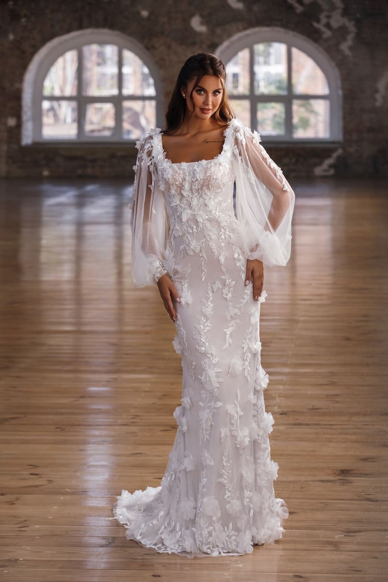 Beautiful Floral Sequin Appliqué Sheer Long Sleeve Sheath Gown With Detachable Matching Train