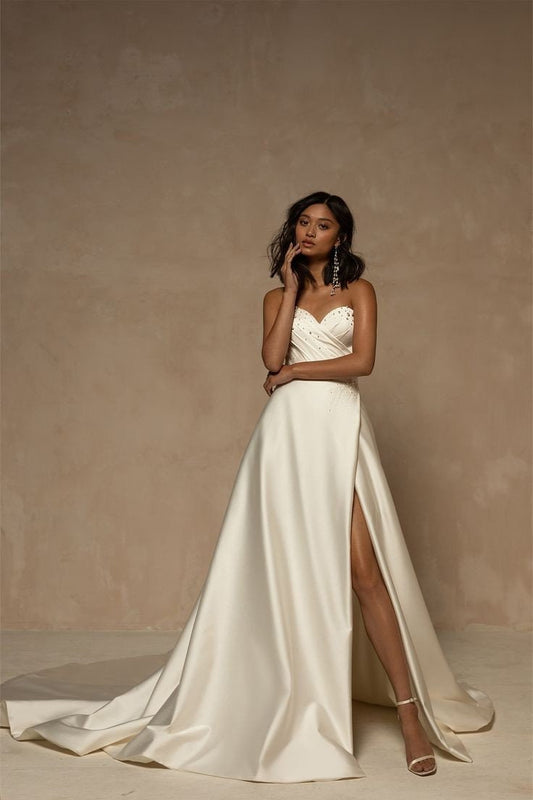Strapless Sweetheart Pleated Scattered Pearl Beaded Minimalist Thigh High Split Hem Bridal, Vow Renewal Gown