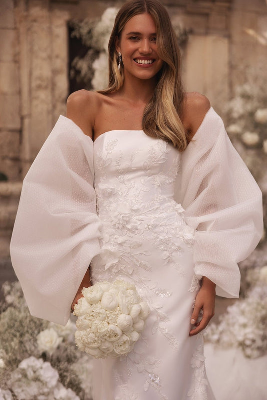 Strapless Floral Sequinned Appliqués With 3D Flowers Sheath Gown With Detached Oversized Bowknot Sleeve Train