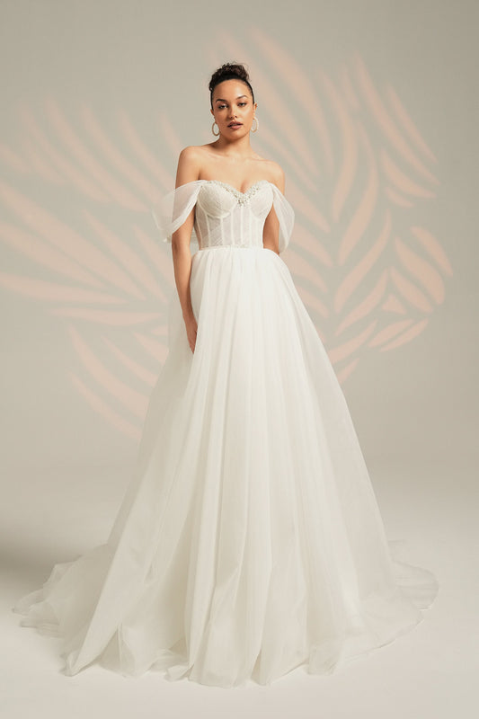Pleated Off The Shoulder Pearl Beaded Sweetheart Corset Lace Underlay Bridal Gown With Pearl Beaded Waist Sash