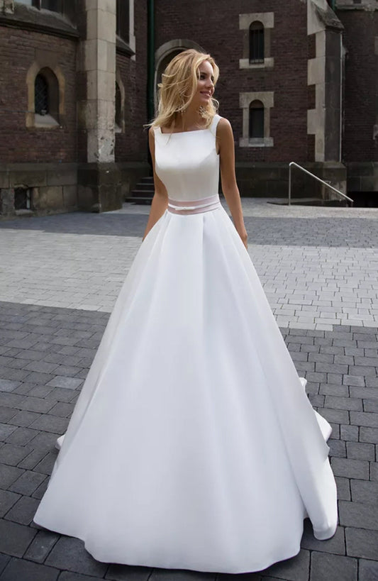 Satin High Square Neck Sleeveless Minimalist A-Line Bridal Gown With A Touch Of Color Double Sash Bow Waistline