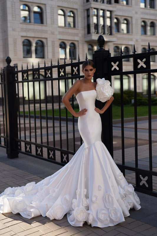 Strapless Fit & Flare Boat Neck Satin Mikado Pleated Gown With Multi Sized Floral Train Detail And Detached Matching Sleeves