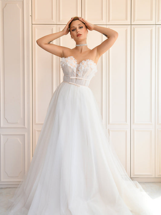 Sweetheart Trimmed 3D Floral Pleated Layered Gown With Double Bow Knot Ribbon Bodice Sash Detail