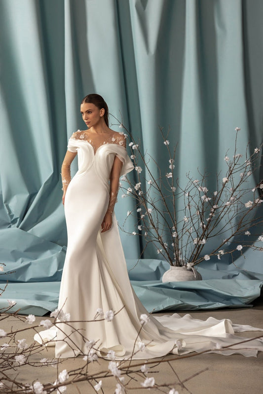 Sheer Long Sleeve Floral Vine Illusion Sweetheart Chiffon Layered Curved Pleated Trumpet Gown With Double Half Bow Sweep Train
