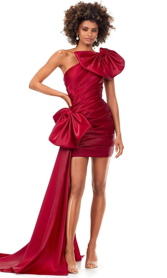 Above The Knee Ruche Pleated Oversized One Shoulder Bow Knot Special Occasion Dress With Oversized Floor Length Hip Bow Train