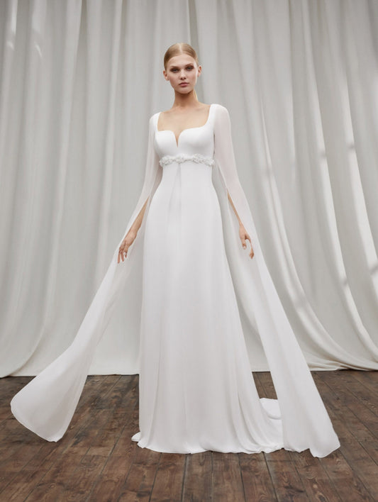 Square Sweetheart Neckline With Floor Length Split Sleeve 3D Beaded Floral Motif Empire Waist Open Back Trumpet Gown