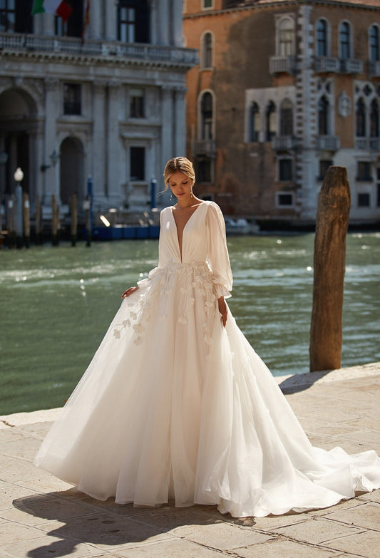 Beautiful Delicate Tulle Flowing A-Line Gown With Plunging Illusion Neckline And Back With Hanging Floral 3D Appliqués Waistline