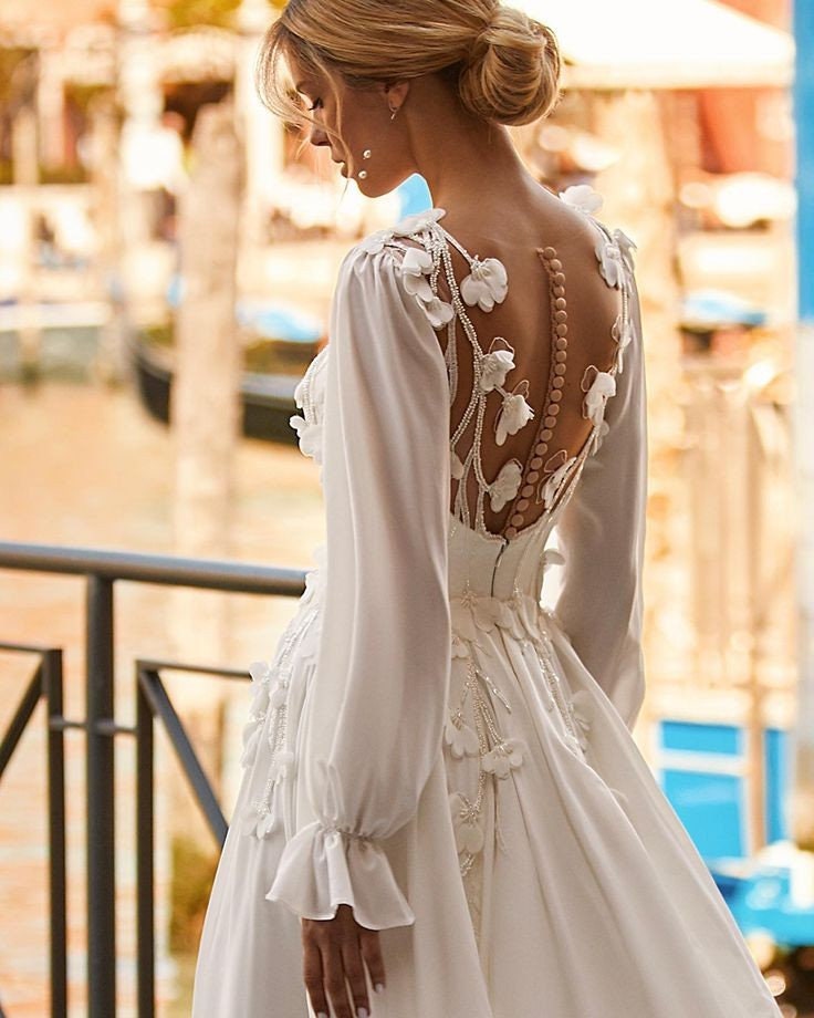 Gentle Chiffon A-Line Gown With Decorated 3D Floral Appliqué Corset And Open Illusion Back With Multi Button Enclosure