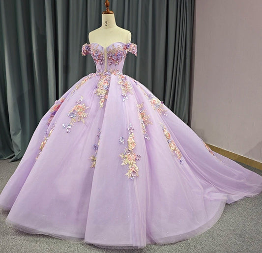 Light Shimmering Purple Beaded Floral Appliqué Off The Shoulder Plunging Illusion Bust A-Line Quinceañera Special Occasion Event Gown