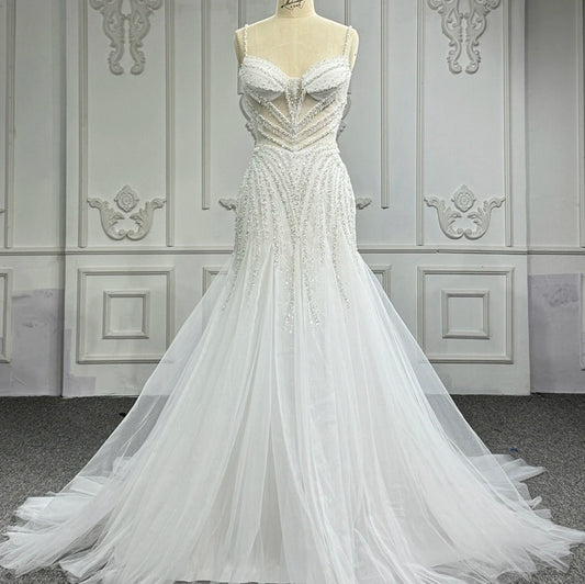 Multi Beaded Sweetheart Mermaid Organza Bridal, Vow Renewal, Civil Ceremony Gown With Court Train