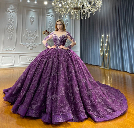 Beautiful Floral Multi Beaded Sweetheart 2024 Long Sleeve Purple Non Traditional Bridal Ball Gown