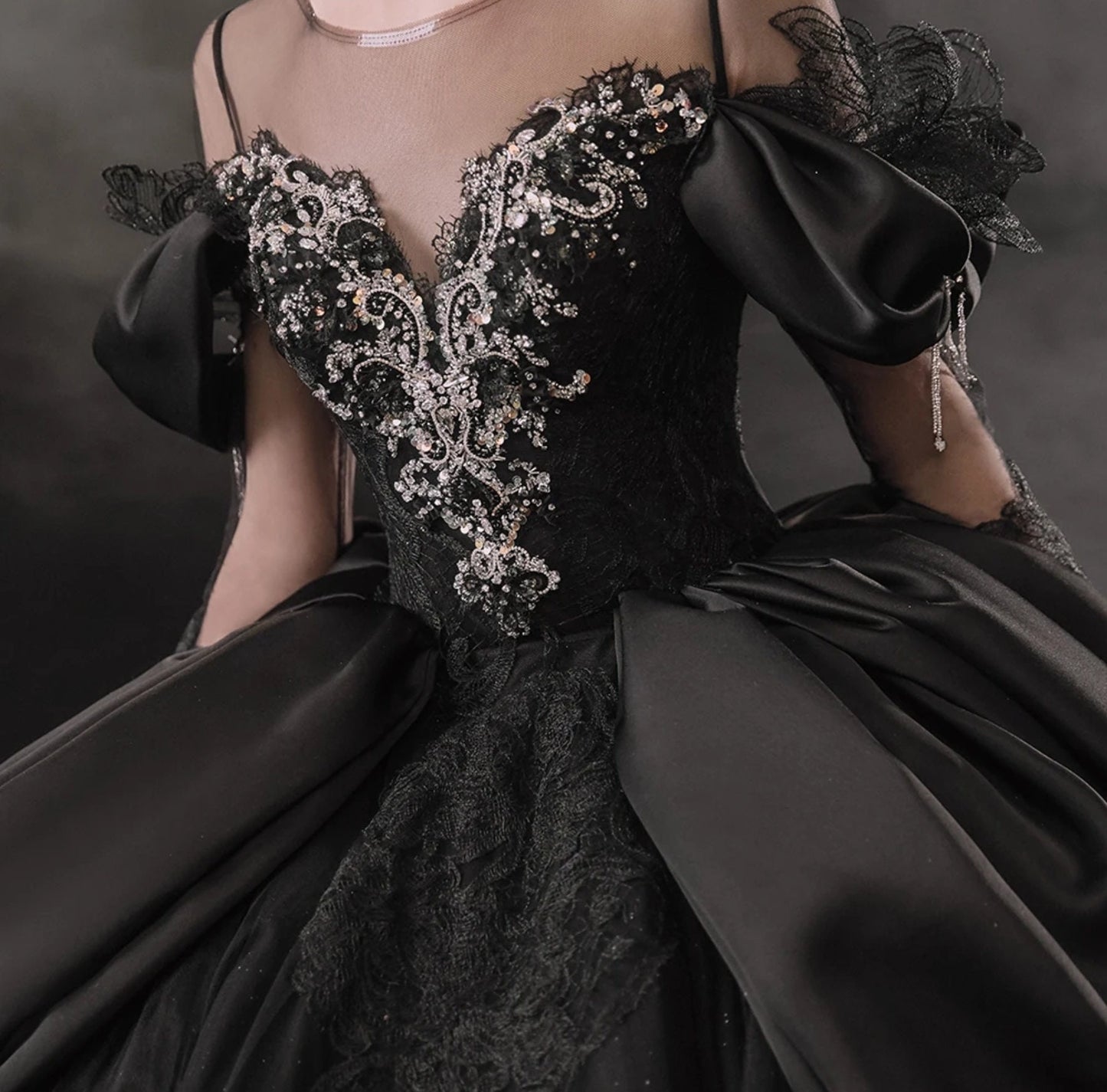 Nontraditional Elegant Black Beauty Sheer Illusion Long Sleeve Sweetheart Beaded Lace Bridal, Special Occasion, Quinceañera Ball Gown