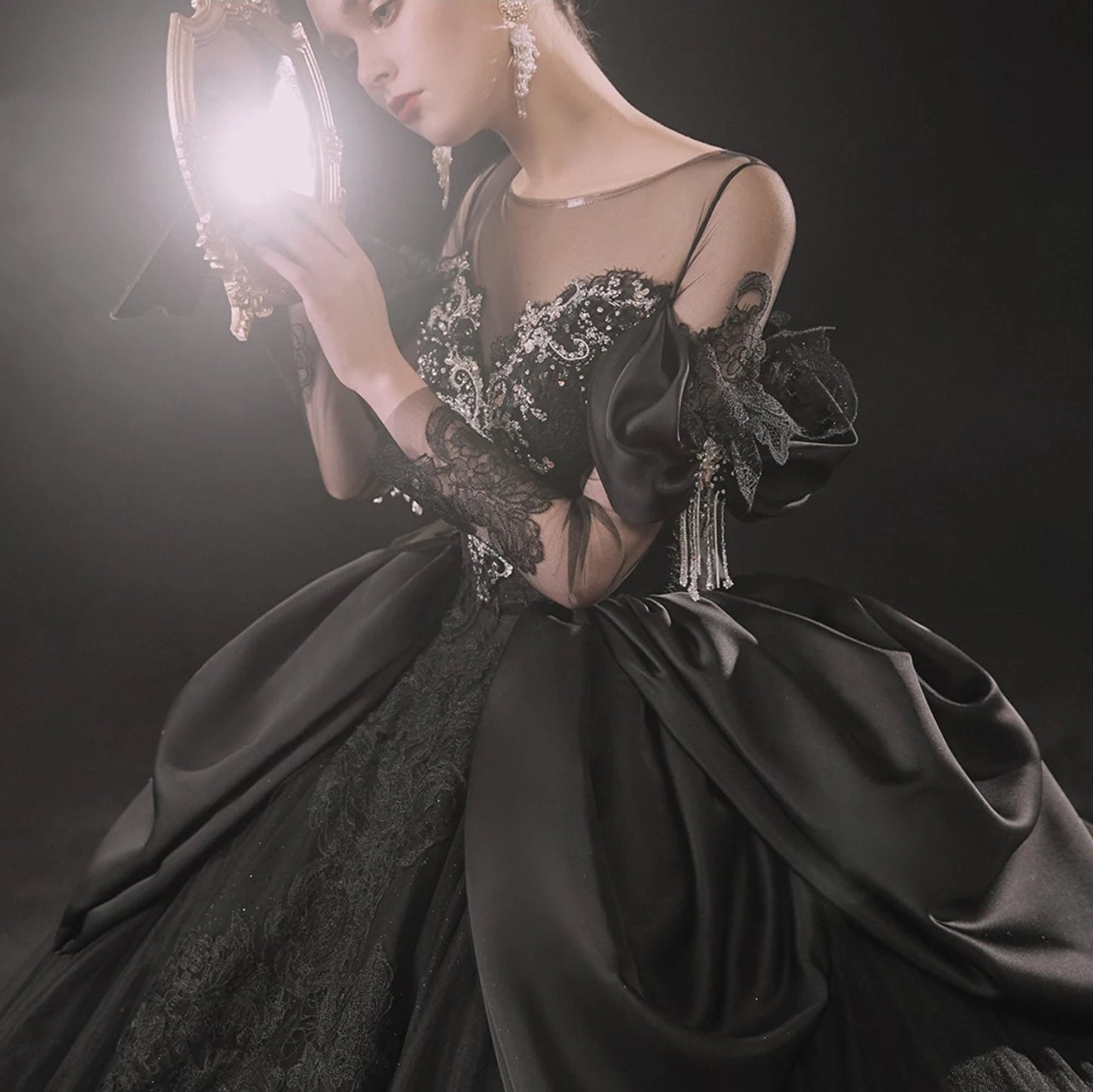 Nontraditional Elegant Black Beauty Sheer Illusion Long Sleeve Sweetheart Beaded Lace Bridal, Special Occasion, Quinceañera Ball Gown