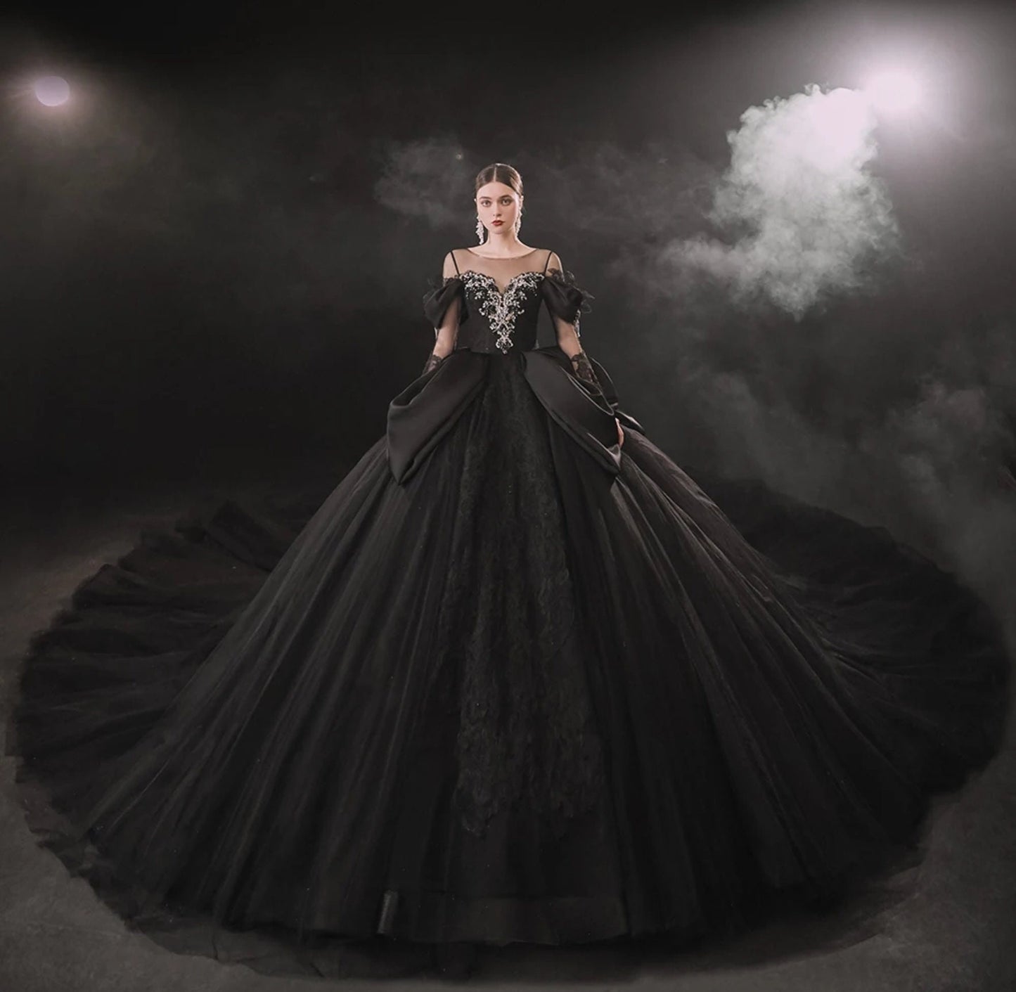 Nontraditional Elegant Black Beauty Sheer Illusion Long Sleeve Sweetheart Beaded Lace Bridal, Special Occasion, Quinceañera Ball Gown