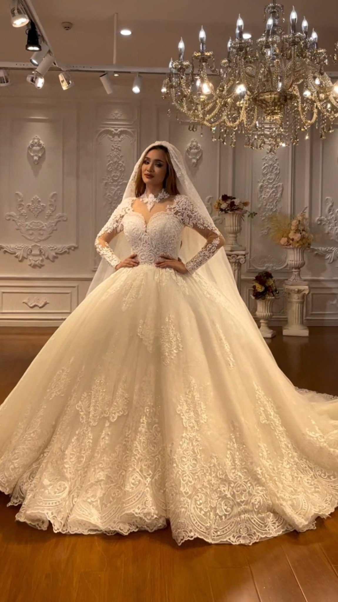 Long Sleeve Mid Neck Sweetheart Laced A-Line Bridal Ball Gown With Optional Matching Veil