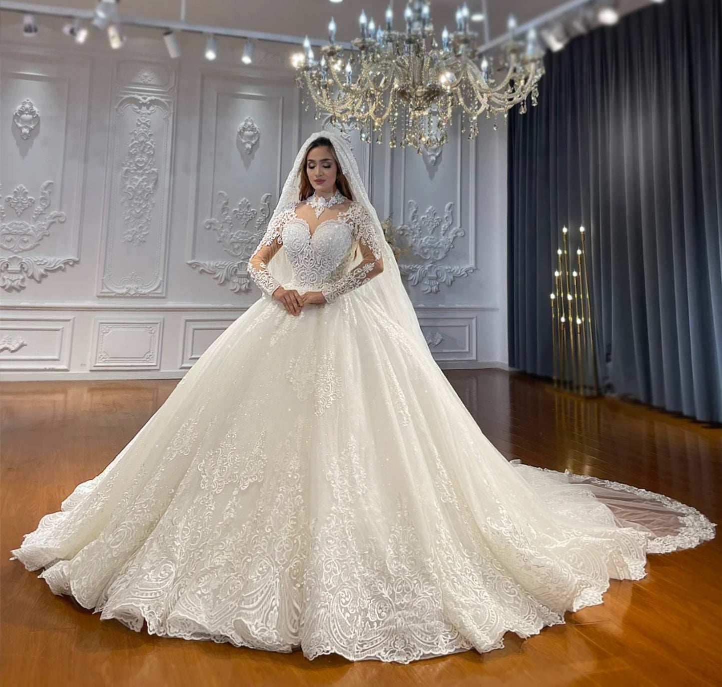 Long Sleeve Mid Neck Sweetheart Laced A-Line Bridal Ball Gown With Optional Matching Veil