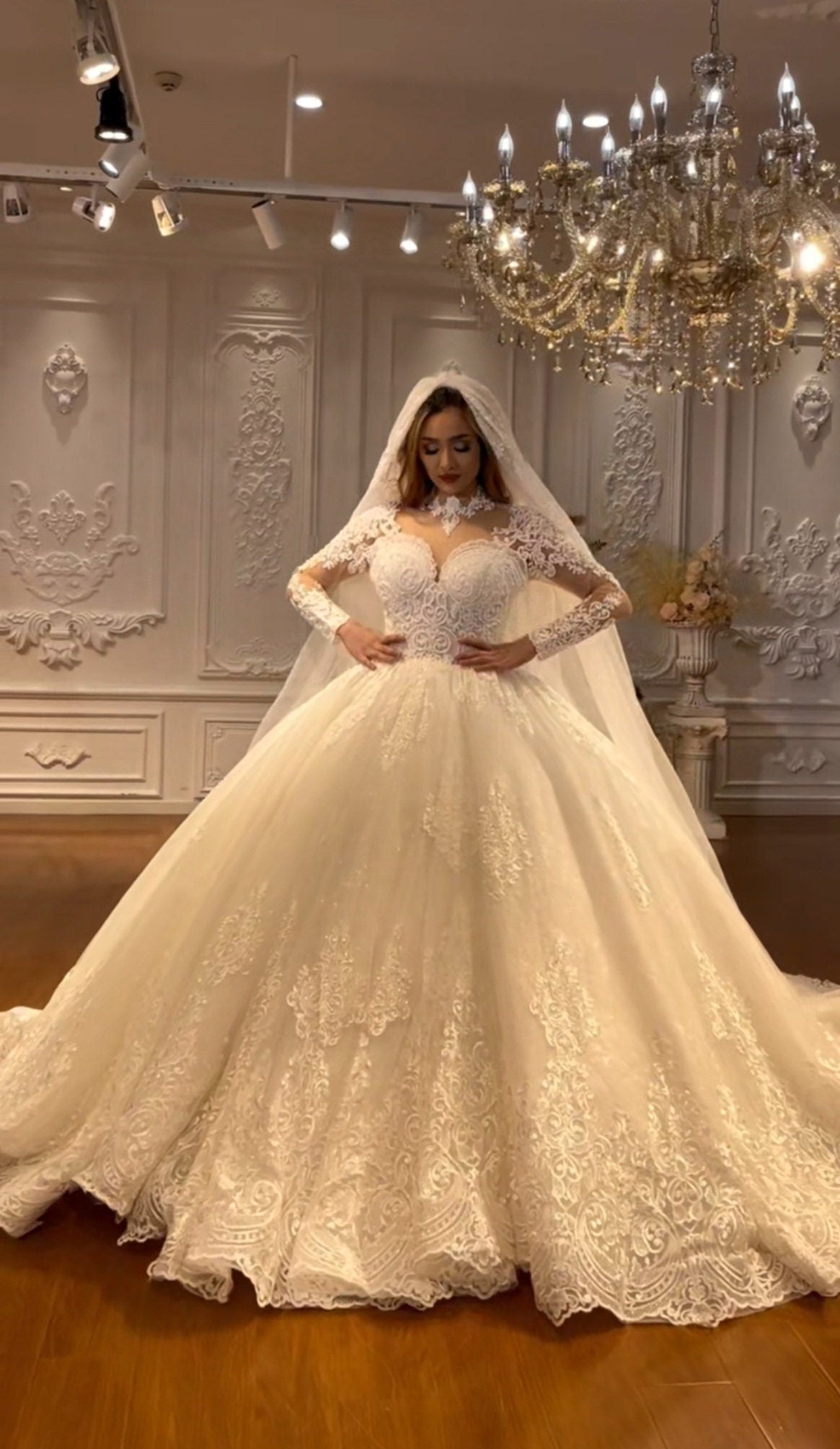 Long Sleeve Mid Neck Sweetheart Laced A-Line Bridal Ball Gown With Optional Matching Veil