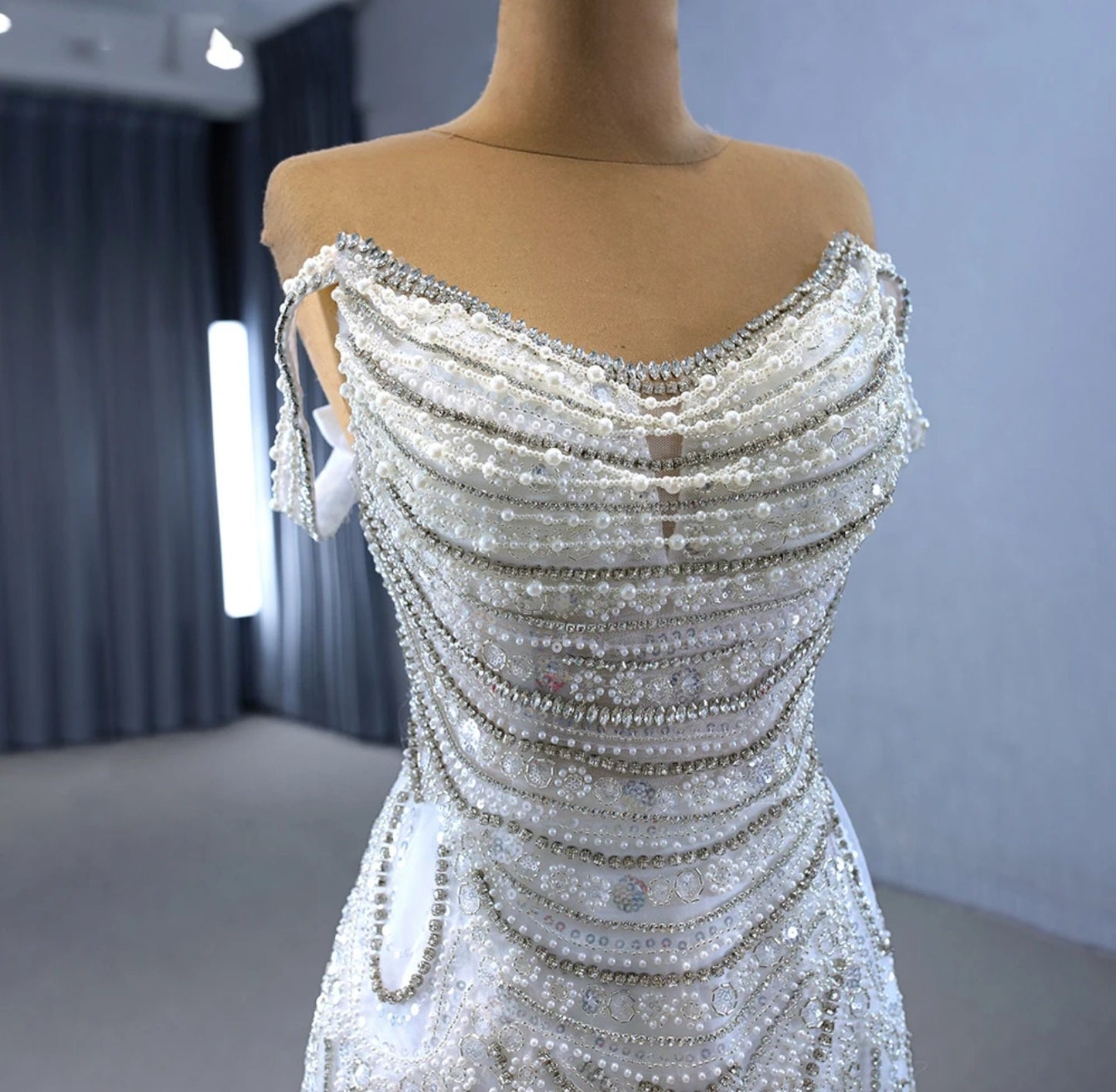 Multi Beaded Embellished Draping Off The Shoulder Scoop Neck Trumpet Style Bridal, Evening, Event, Gala Special Occasion Gown