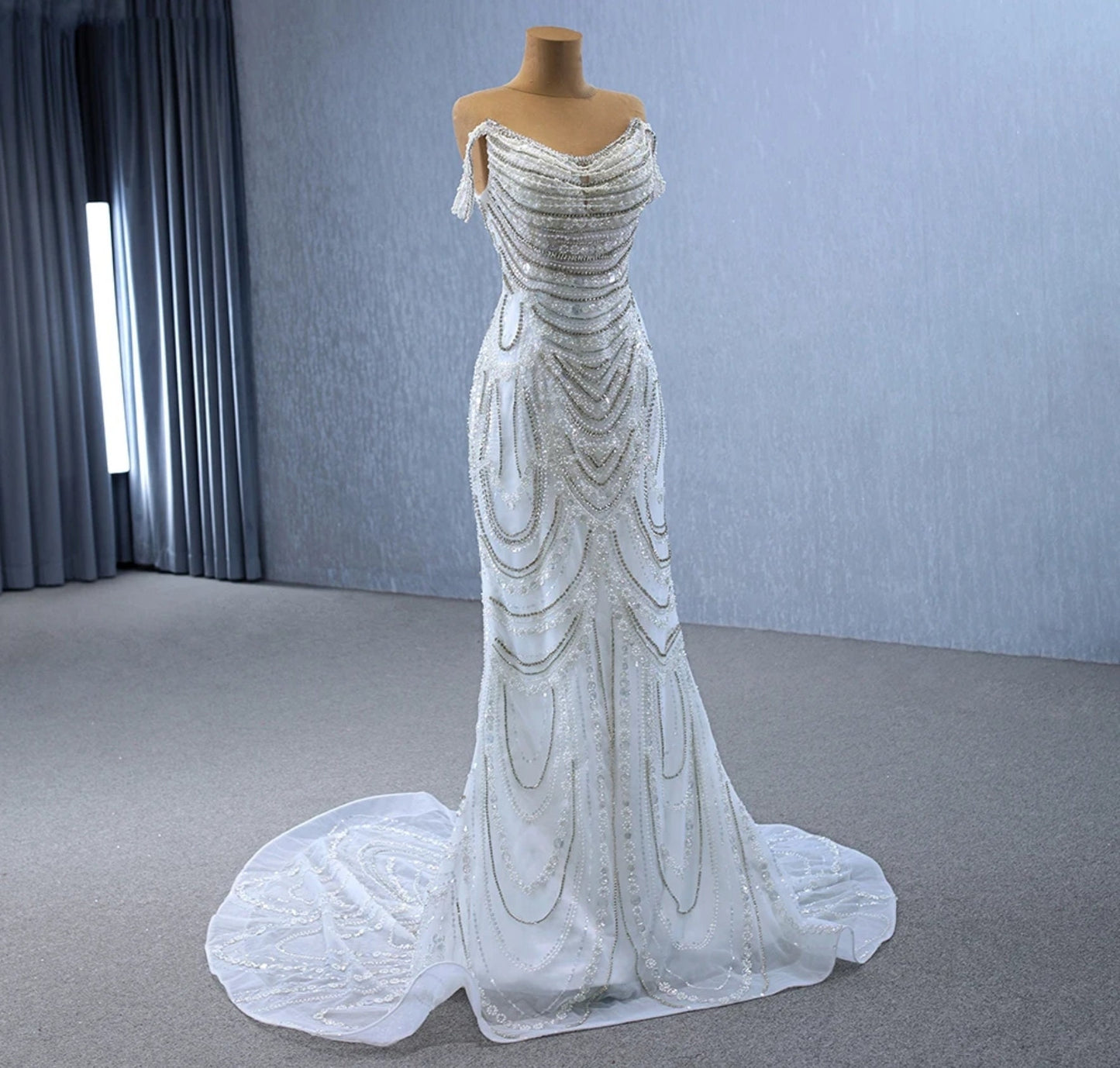 Multi Beaded Embellished Draping Off The Shoulder Scoop Neck Trumpet Style Bridal, Evening, Event, Gala Special Occasion Gown