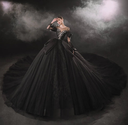 Nontraditional Elegant Black Beauty Sheer Illusion Long Sleeve Sweetheart Beaded Lace Bridal, Special Occasion, Quinceañera Ball Gown