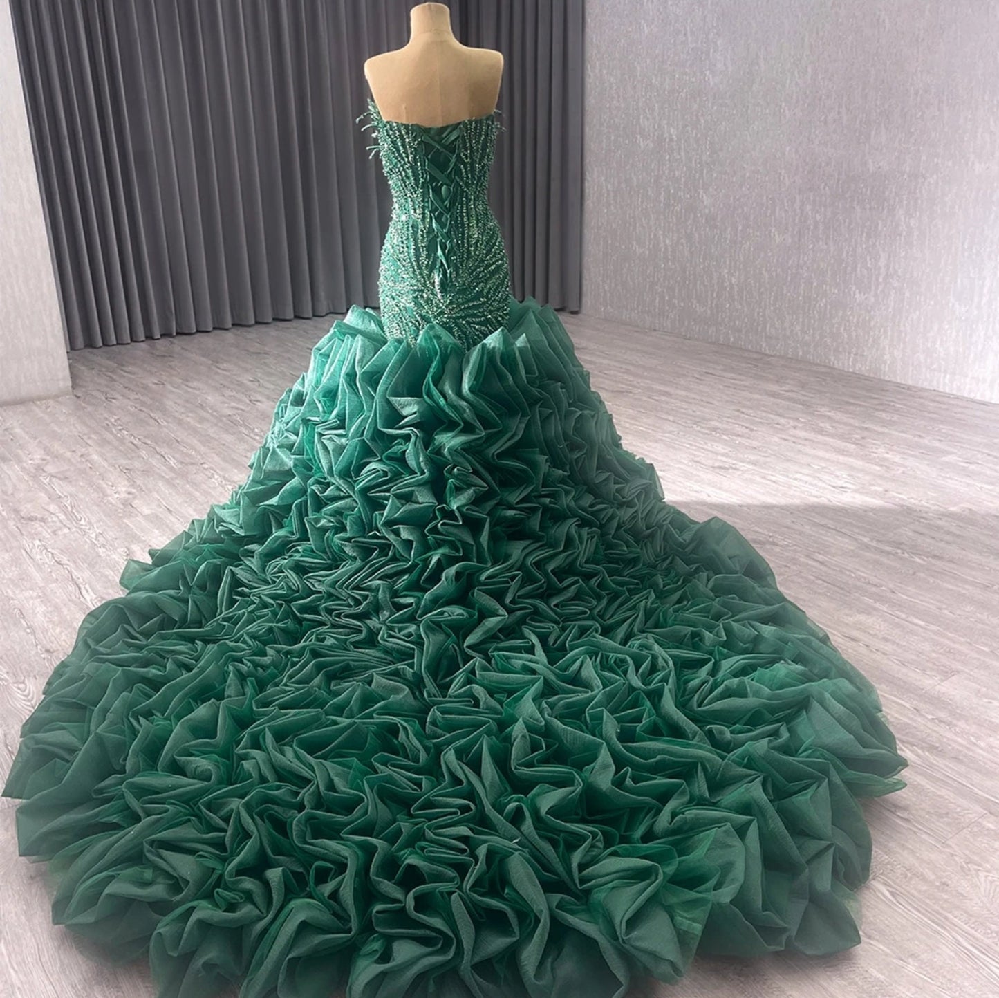 Stunning Multi Beaded Green Plunging Eccentric Neckline Fit To Flare Non Traditional Bridal, Special Occasion, Prom, Gala Event Gown