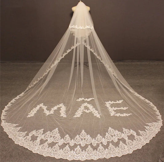 Customized Name Sequinned Lace Edged Bridal Veil