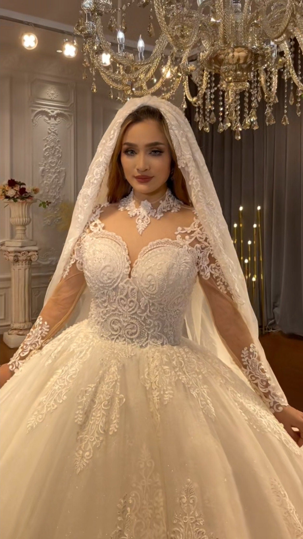 Long Sleeve Mid Neck Sweetheart Laced A-Line Bridal Ball Gown With Optional Matching Veil