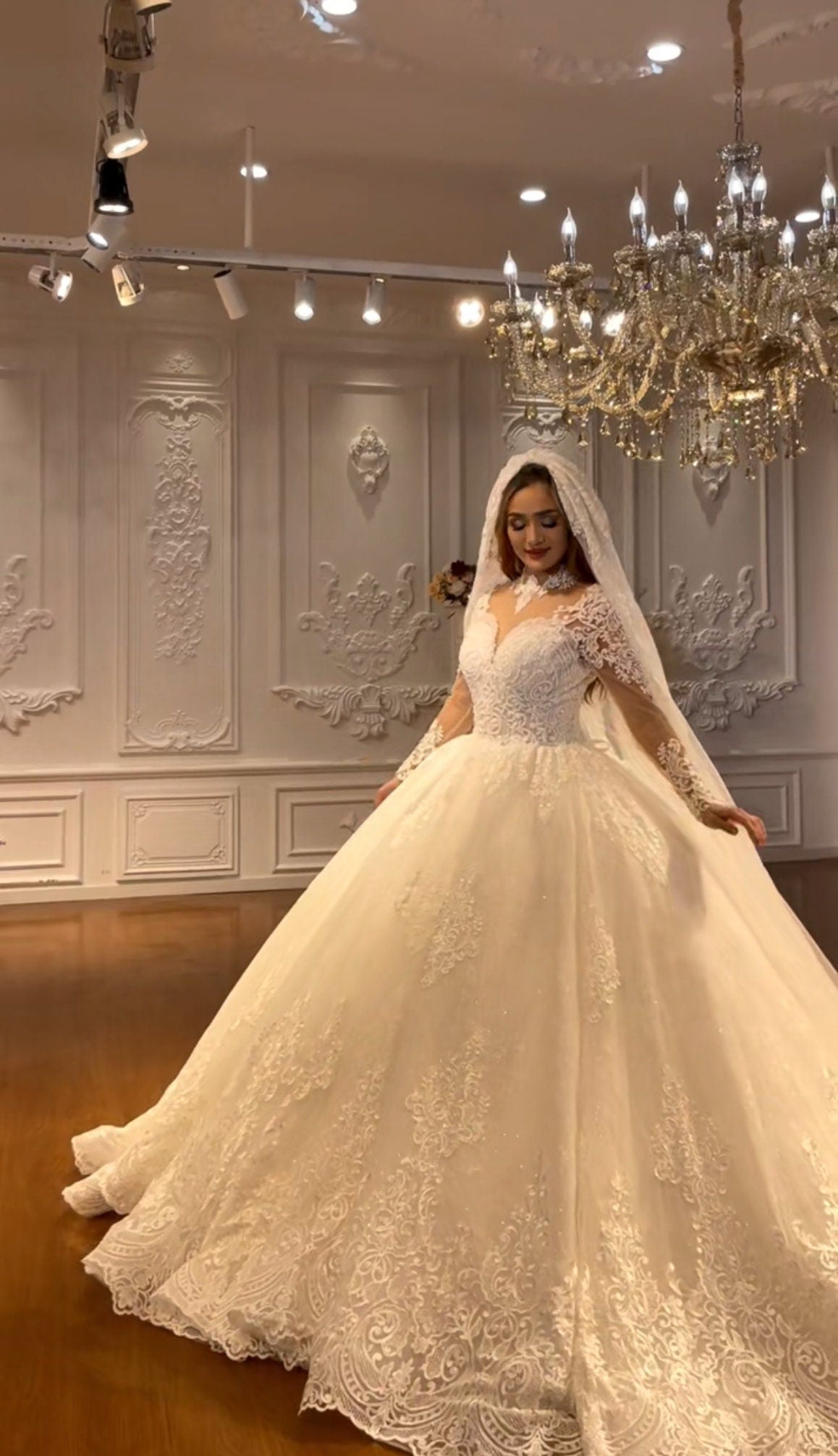 Long Sleeve Mid Neck Sweetheart Laced A-Line Bridal Ball Gown With Optional Matching Veil