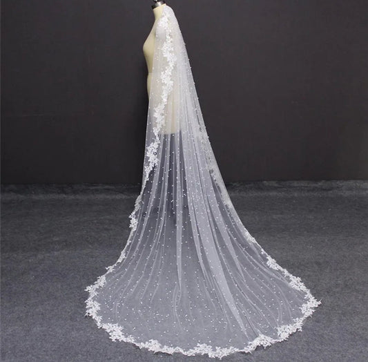 Beautiful Floral Lace Trimmed And Scattered Pearl Beading Bridal Veil