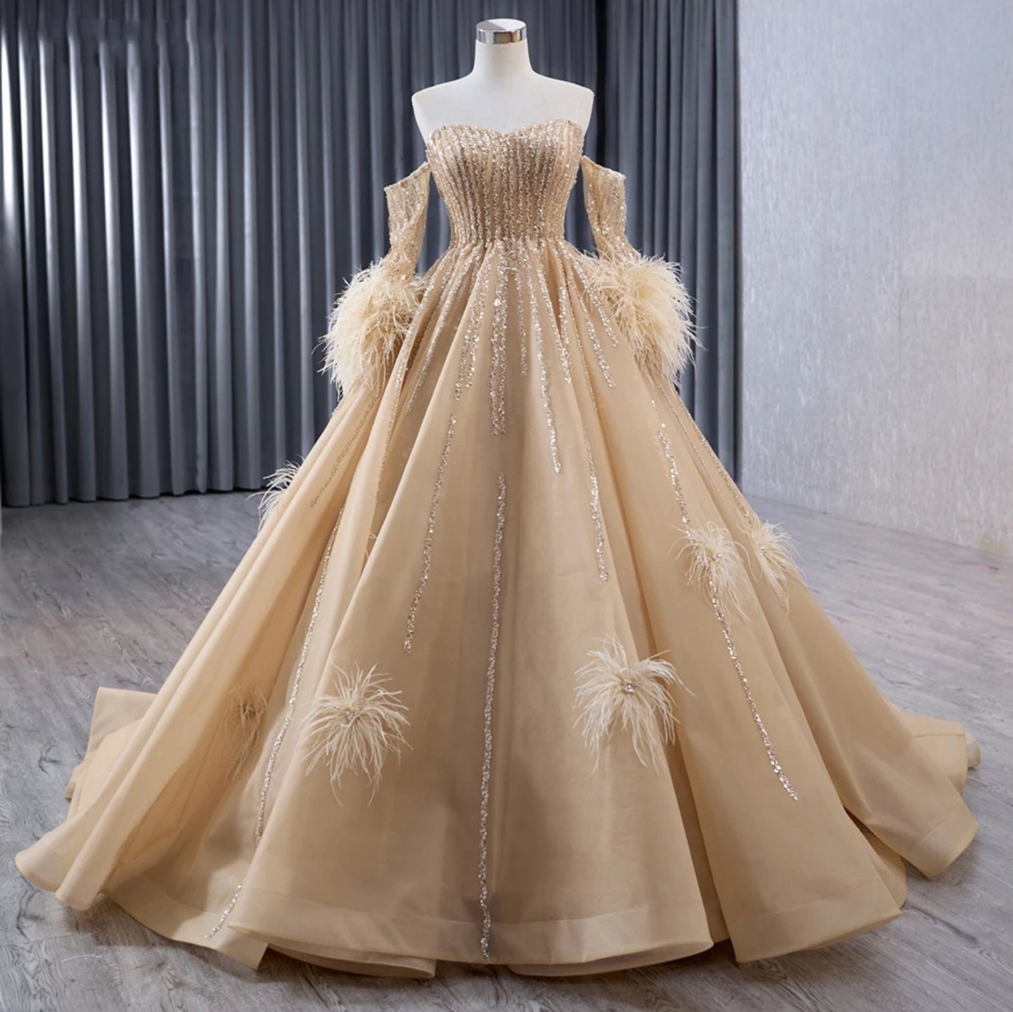 Strapless Sweetheart Sequin Beaded Scattered Feather Detail Special Occasion Gown With Detached Sleeves