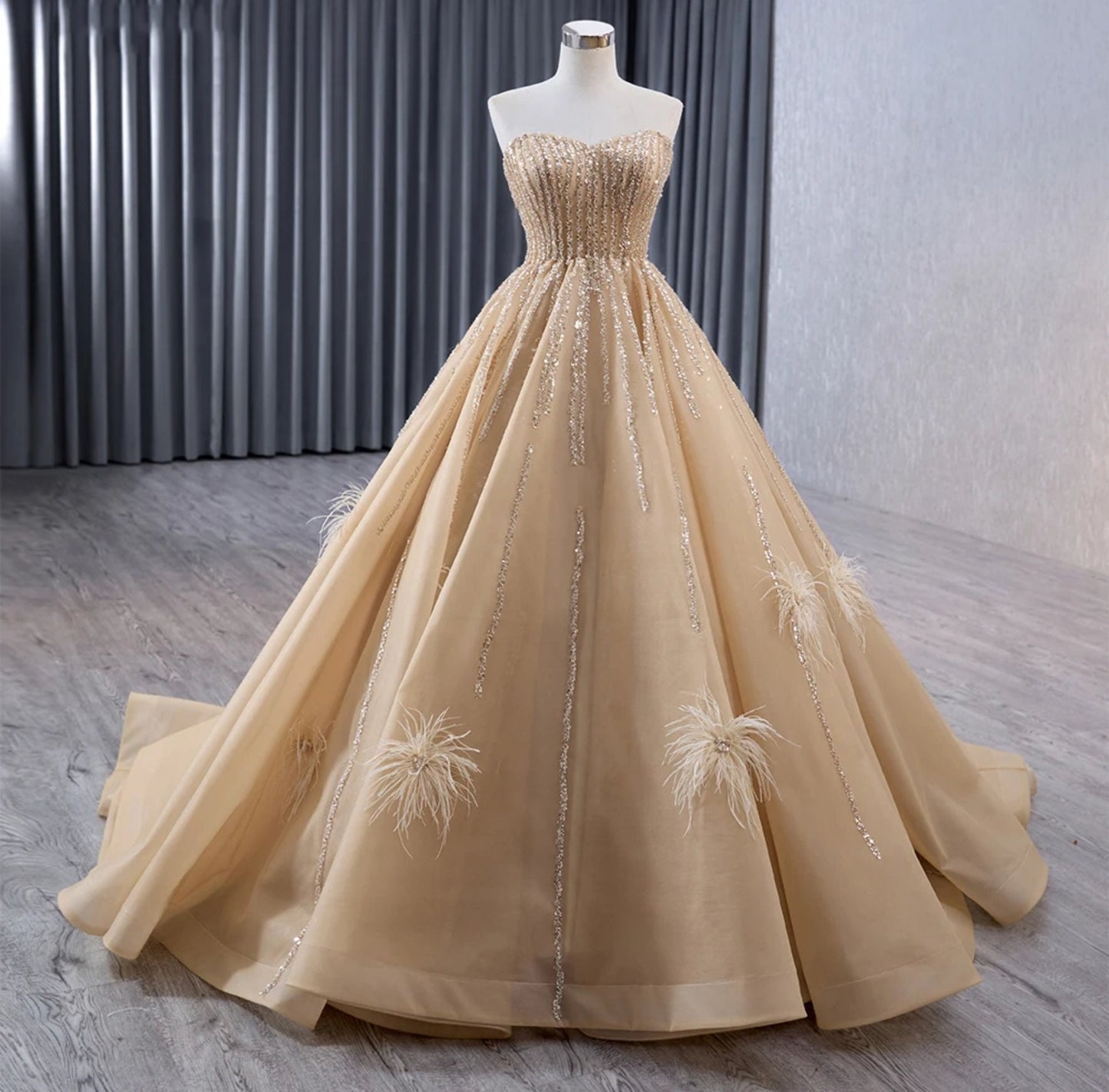 Strapless Sweetheart Sequin Beaded Scattered Feather Detail Special Occasion Gown With Detached Sleeves