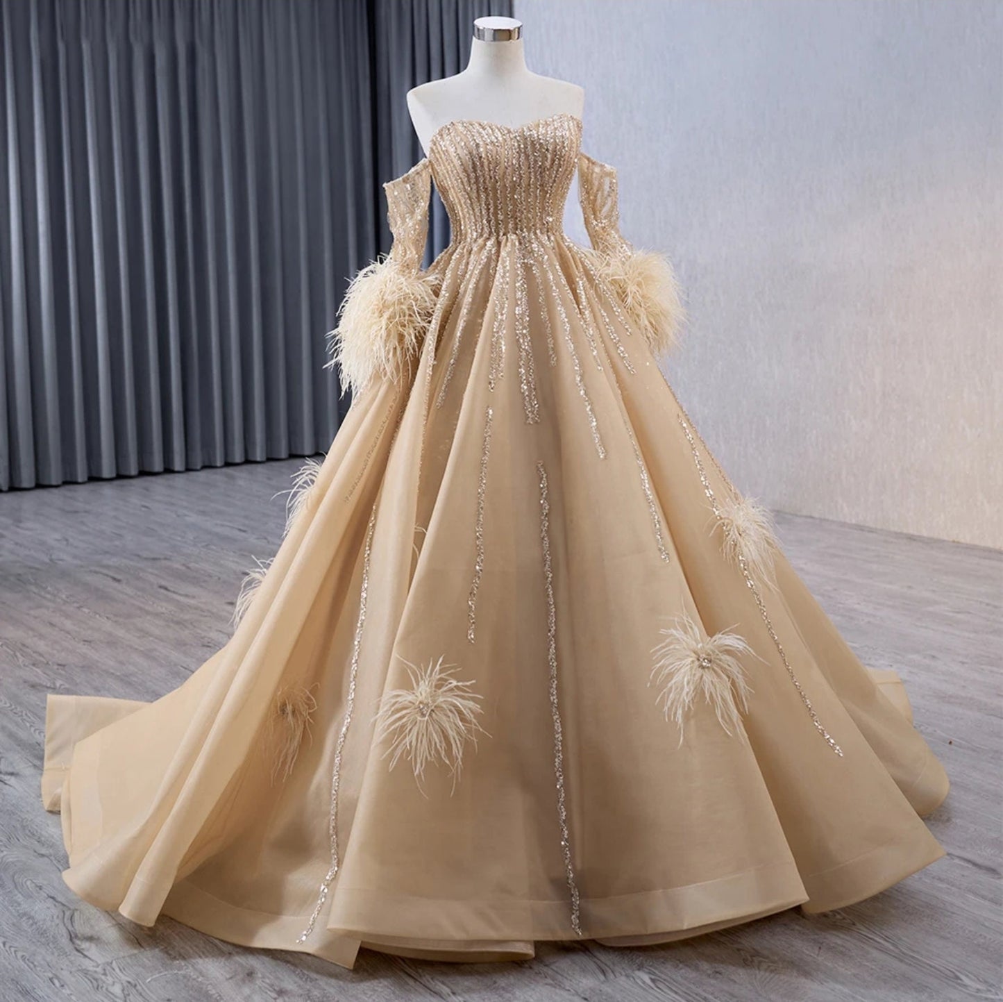 Strapless Sweetheart Sequin Beaded Scattered Feather Detail Special Occasion Gown With Detached Sleeves